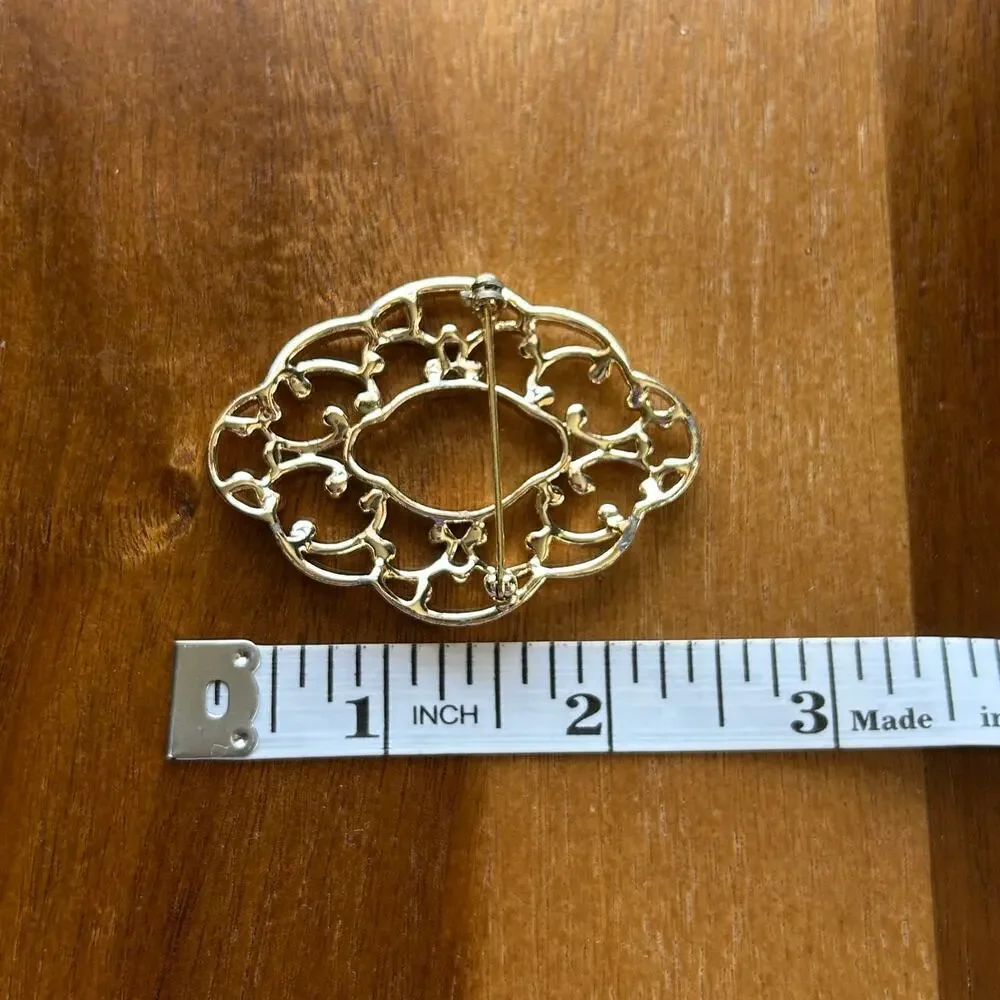 Vintage Gold Tone Openwork Filigree Brooch – Ornate Scrollwork Statement Pin